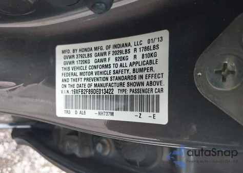 2013 Honda Civic Ex z USA, uszkodzony, nr VIN 19XFB2F89DE013422